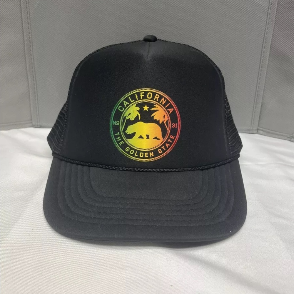 California Black Trucker Hat with Rainbow Logo
